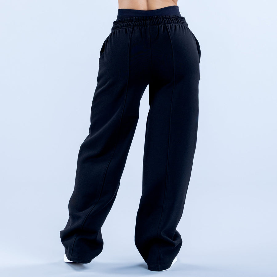 Wide-leg jogger pants, dark navy, loose straight legs with elastic waistband