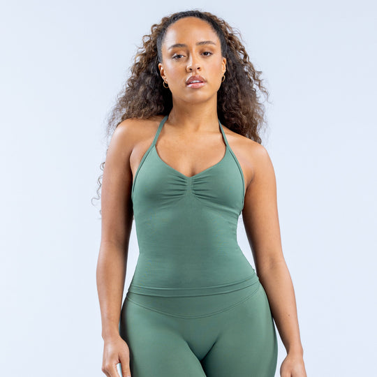 Longline strappy top, dark green, ruched center and scoop neck with thin straps