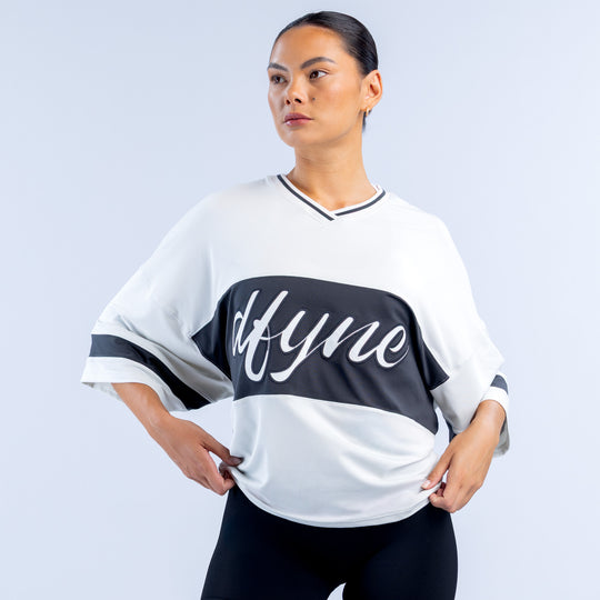 4th Birthday short-sleeve top, white with black chest panel and script logo