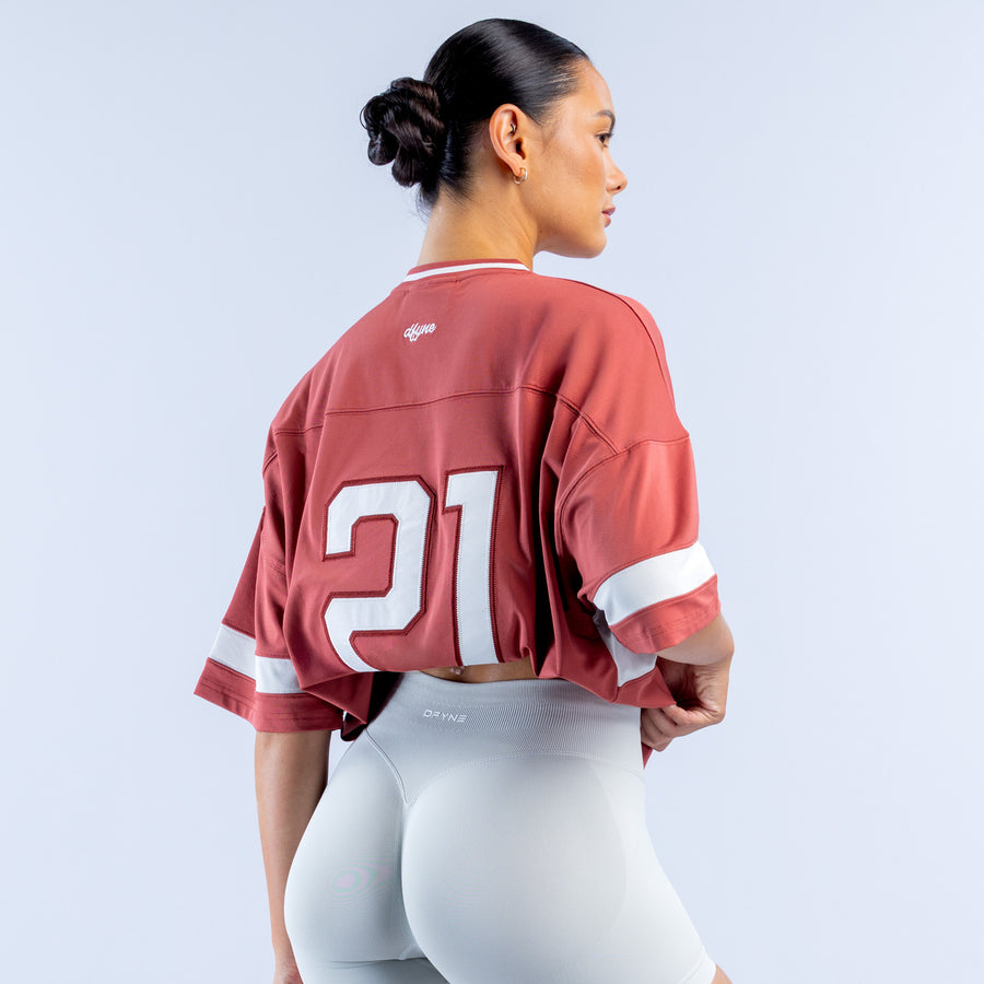 Short-sleeve birthday top, burgundy with white stripes and '21' number on back