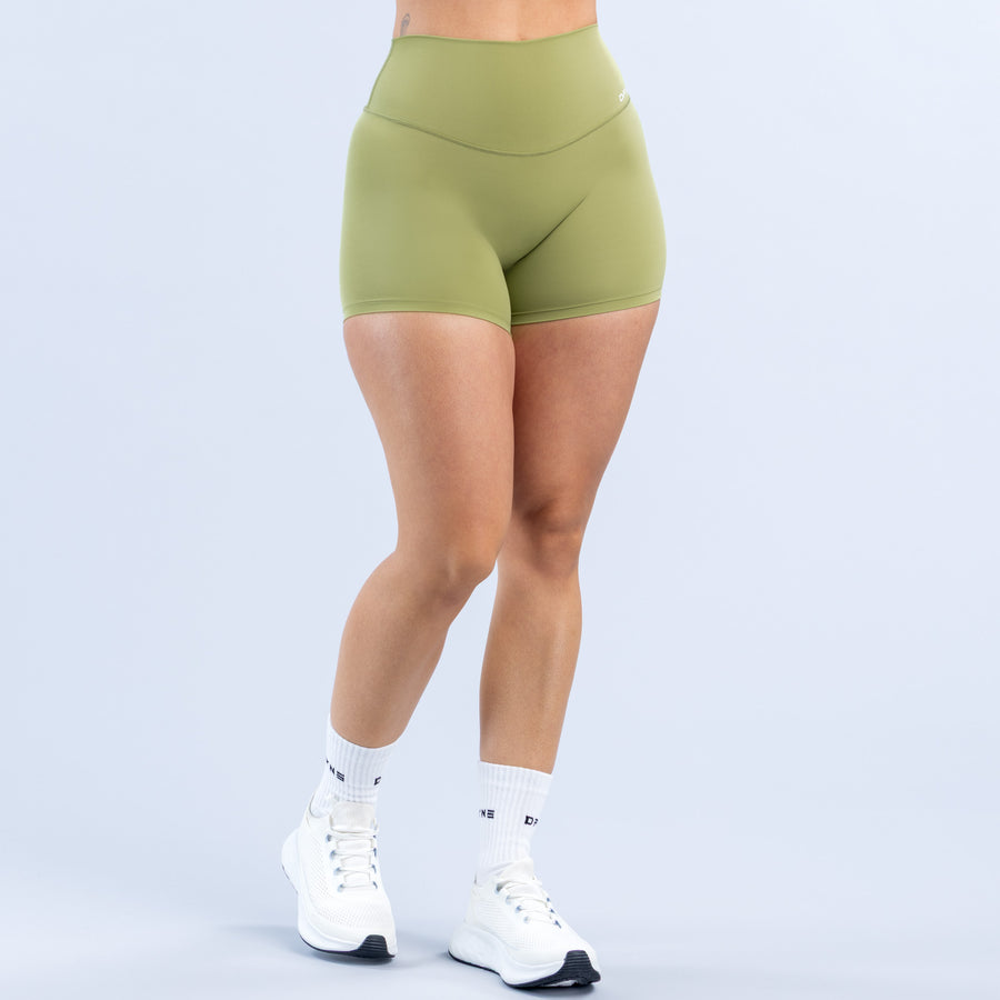 4.5-inch olive green athletic shorts with smooth contoured back panel