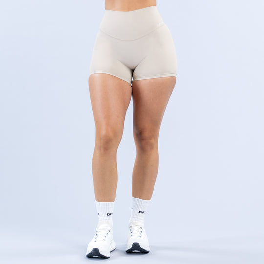 Light beige 4.5-inch athletic shorts with smooth waistband