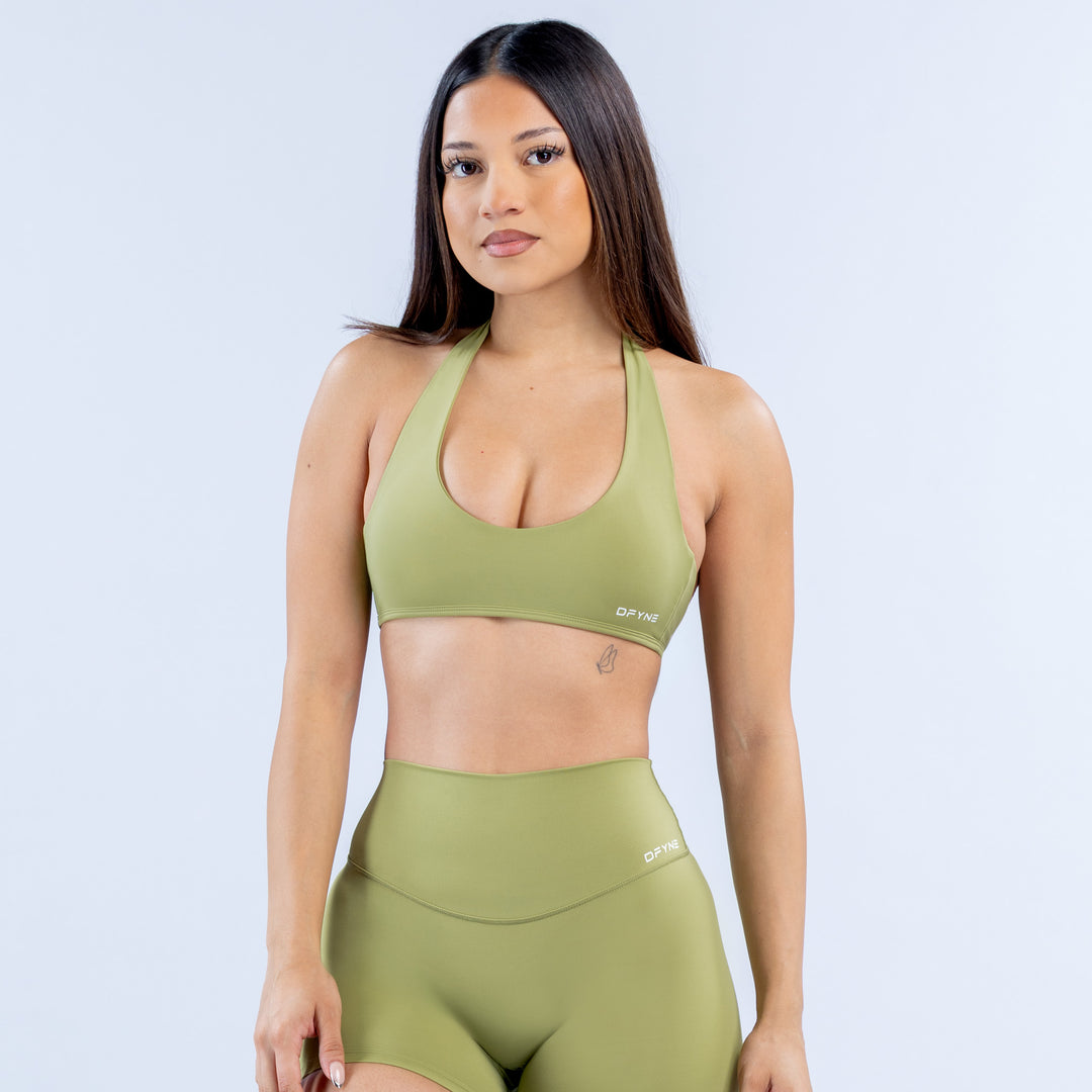 Olive green backless halter bra with racer-cut back and soft U neckline
