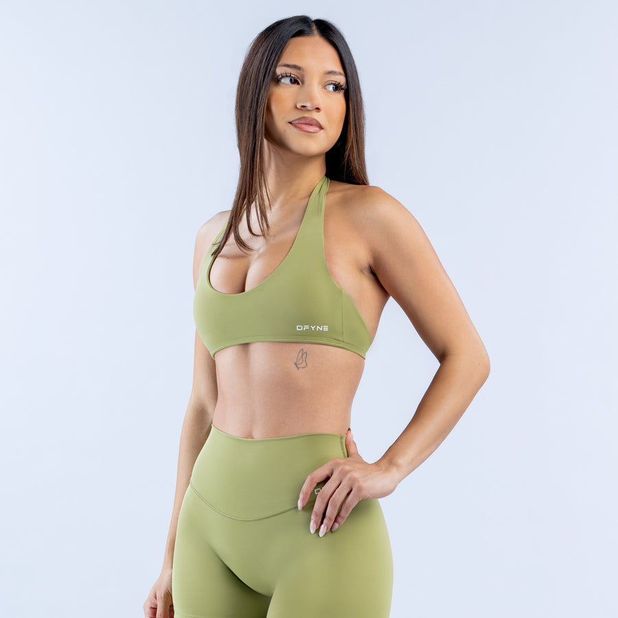 Olive green halter bralette with scoop front and racerback design