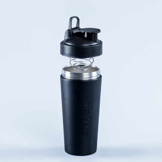 Black shaker bottle with screw lid and carry loop
