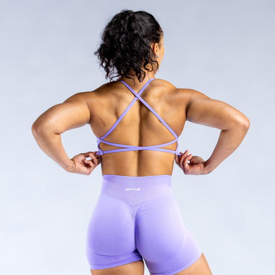 Lilac backless sports bra with V-back crisscross strap detail