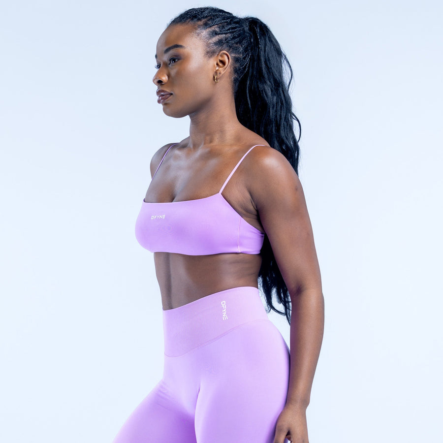 Lilac strappy sports bra with straight neckline and thin straps