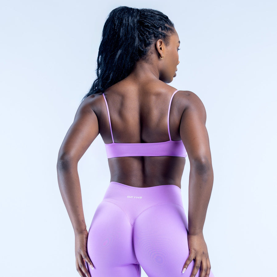 Lilac strappy sports bra, racerback straps, open back panel