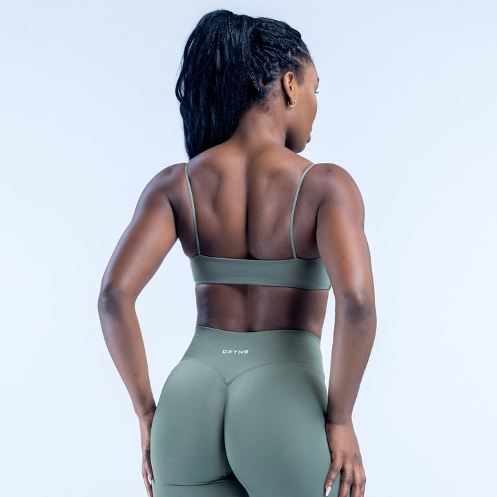 Women's back-view strappy bra with thin straps and racerback in muted green