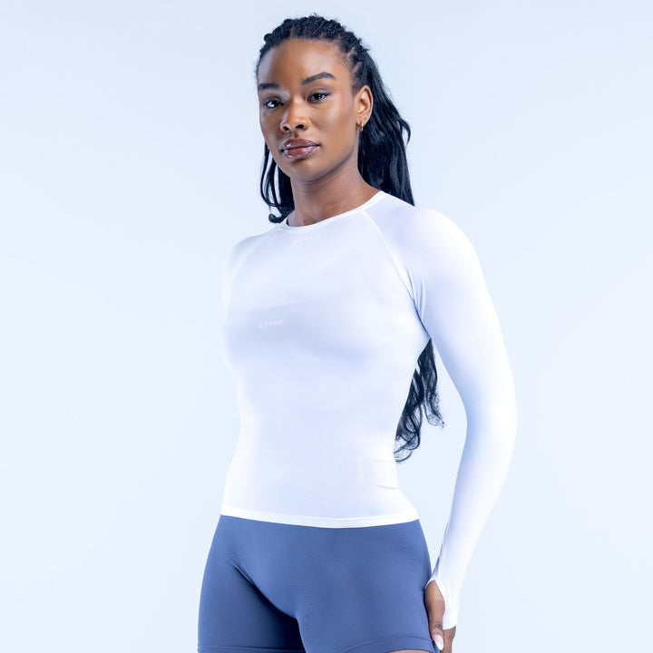 White fitted long-sleeve crew neck top