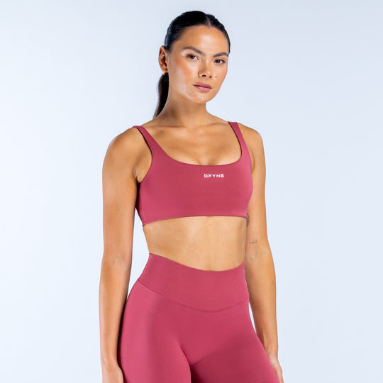 Maroon scoop-back sports bra with racerback straps