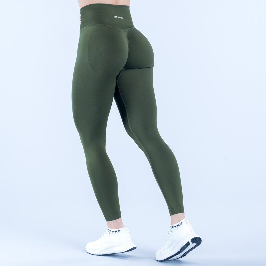 Olive green high-rise leggings, full-length fitted back with small logo detail