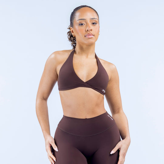 Dark brown halter triangle bra with V-neck and racer back strap