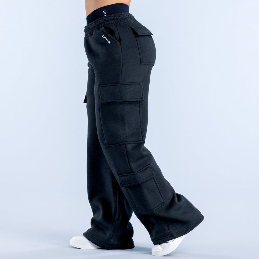 Black cargo jogger pants with side and thigh cargo pockets, wide leg opening.