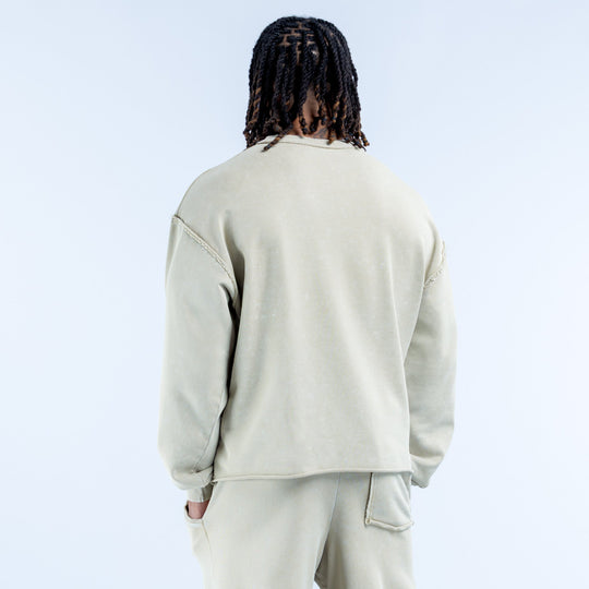 Washed light-green crewneck sweatshirt viewed from back with logo graphic