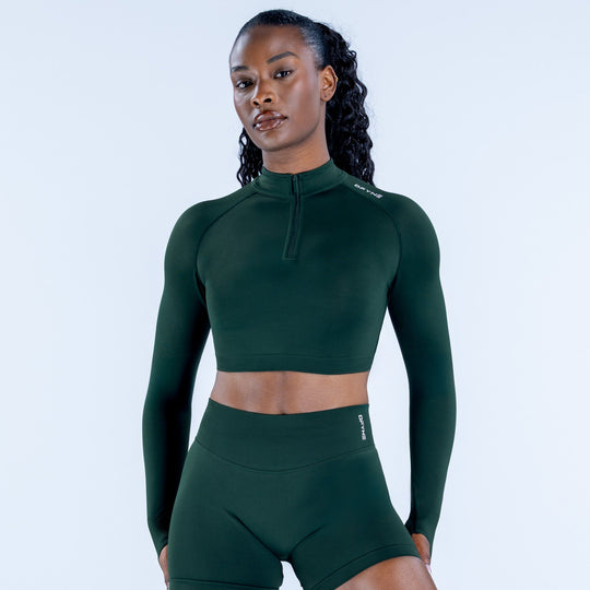 Dark green zip-front long-sleeve crop top with stand collar