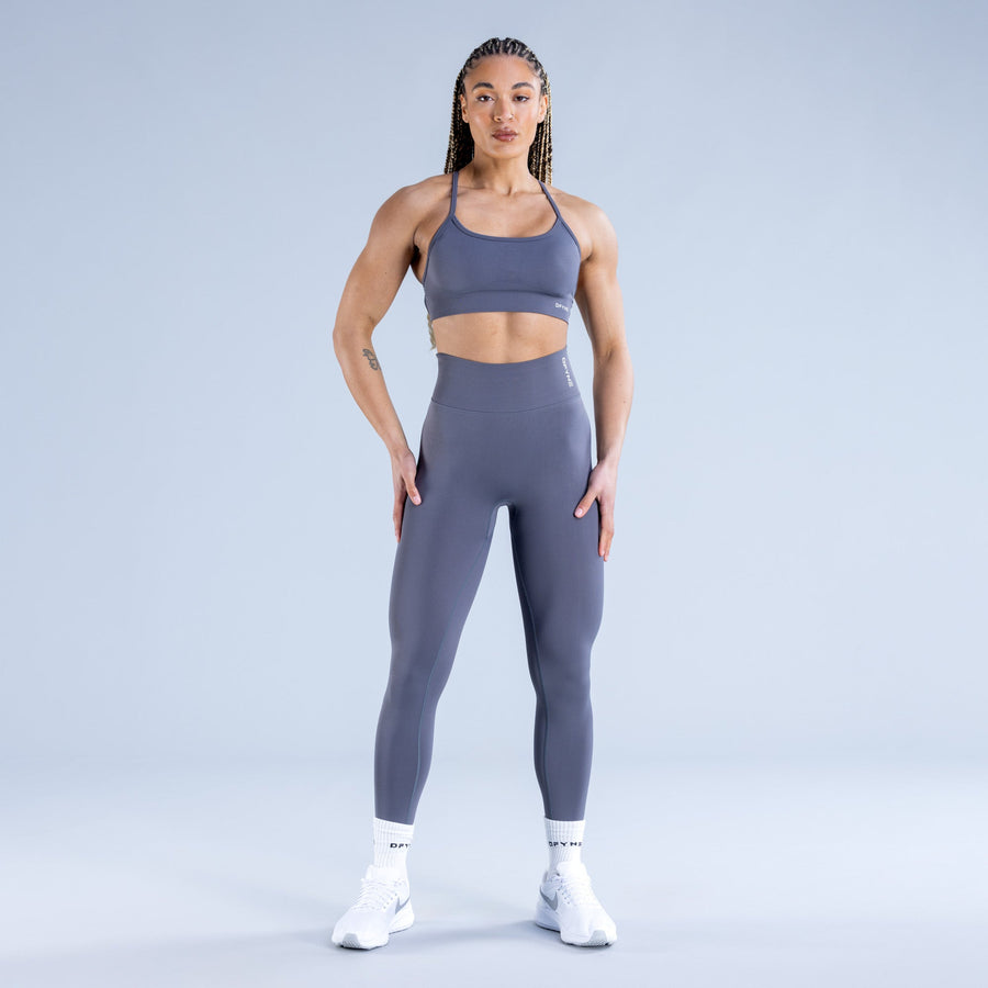 Dark blue-gray backless sports bra with racer back straps