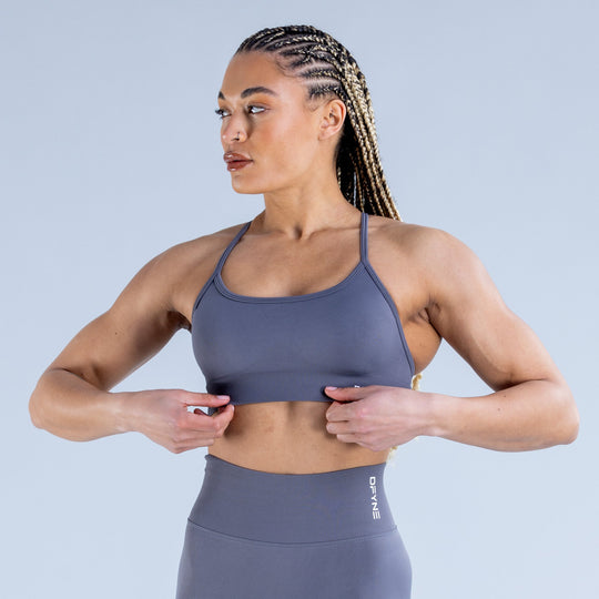 Dark blue-gray sports bra with scoop front neckline