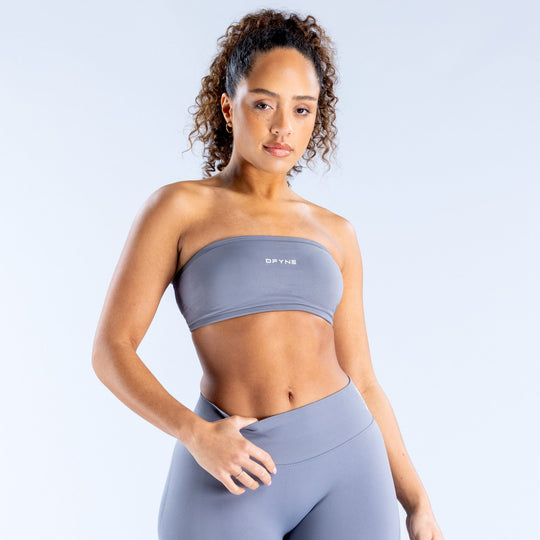 Backless bandeau sports bra in slate blue, wide band and smooth fit