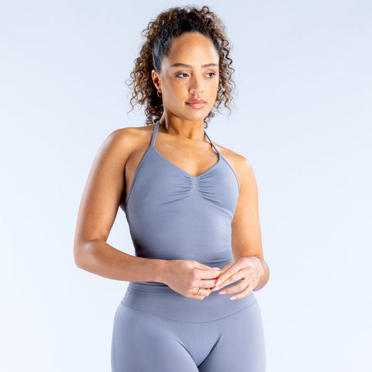 Slate blue longline strappy top with V-neck and ruched bust