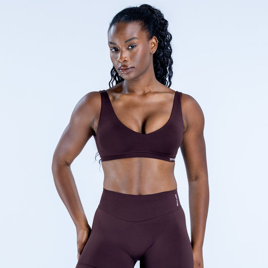 Impact scoop-back sports bra, dark maroon, front scoop neckline