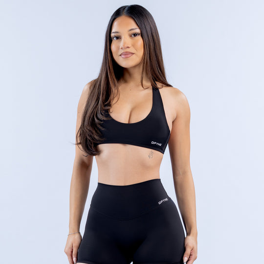 Black halter bra with smooth cups and open back design