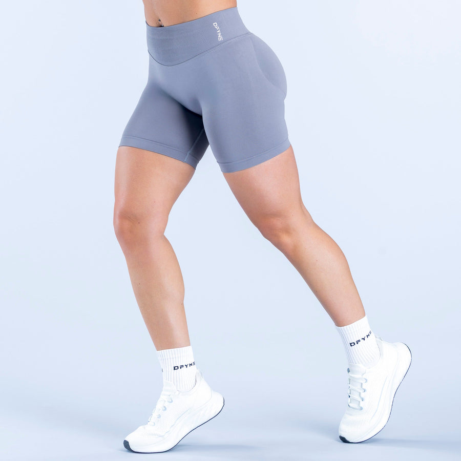 Slate blue 6.5-inch impact biker shorts, high waist, fitted, small side logo