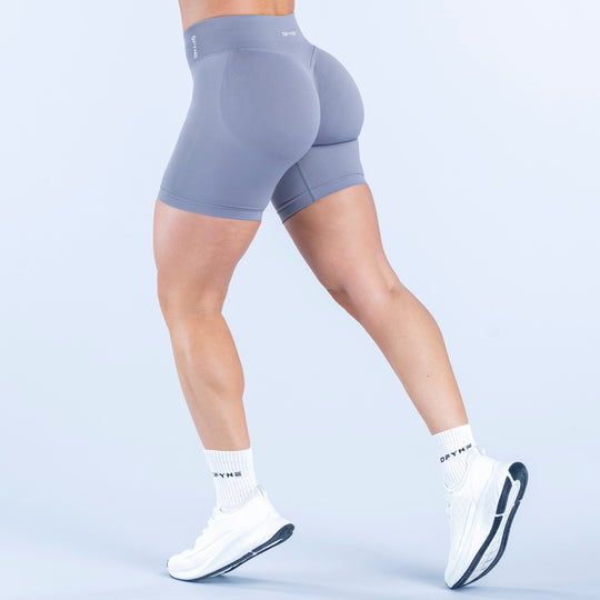 Slate blue 6.5-inch impact biker shorts, high waist, back view, small logo