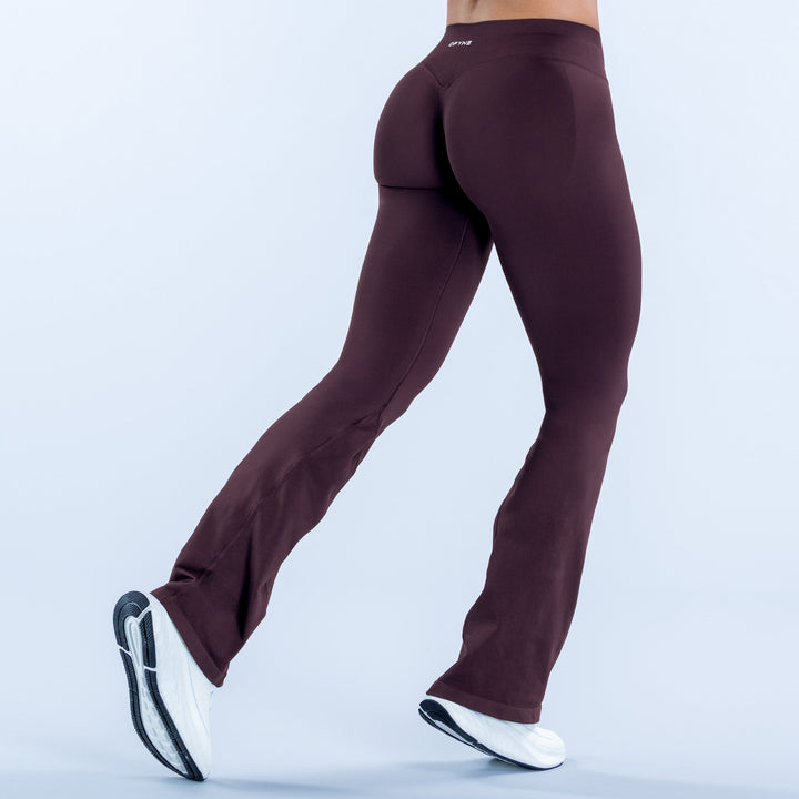Maroon bootcut flare leggings with seam details, full length fit, athletic stretch fabric