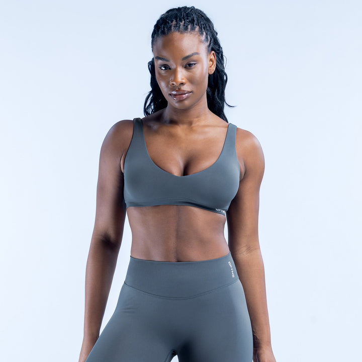 Scoop back sports bra with wide racerback straps in dark gray