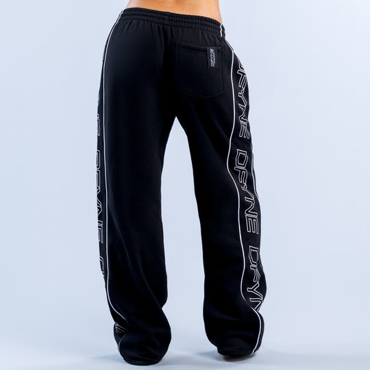 Black wide-leg joggers with elastic waist, back pocket, and white side text print