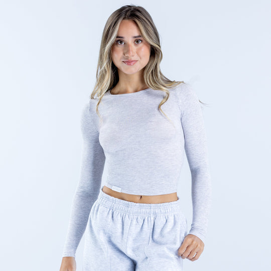 Light gray ribbed long-sleeve crop top with round neckline