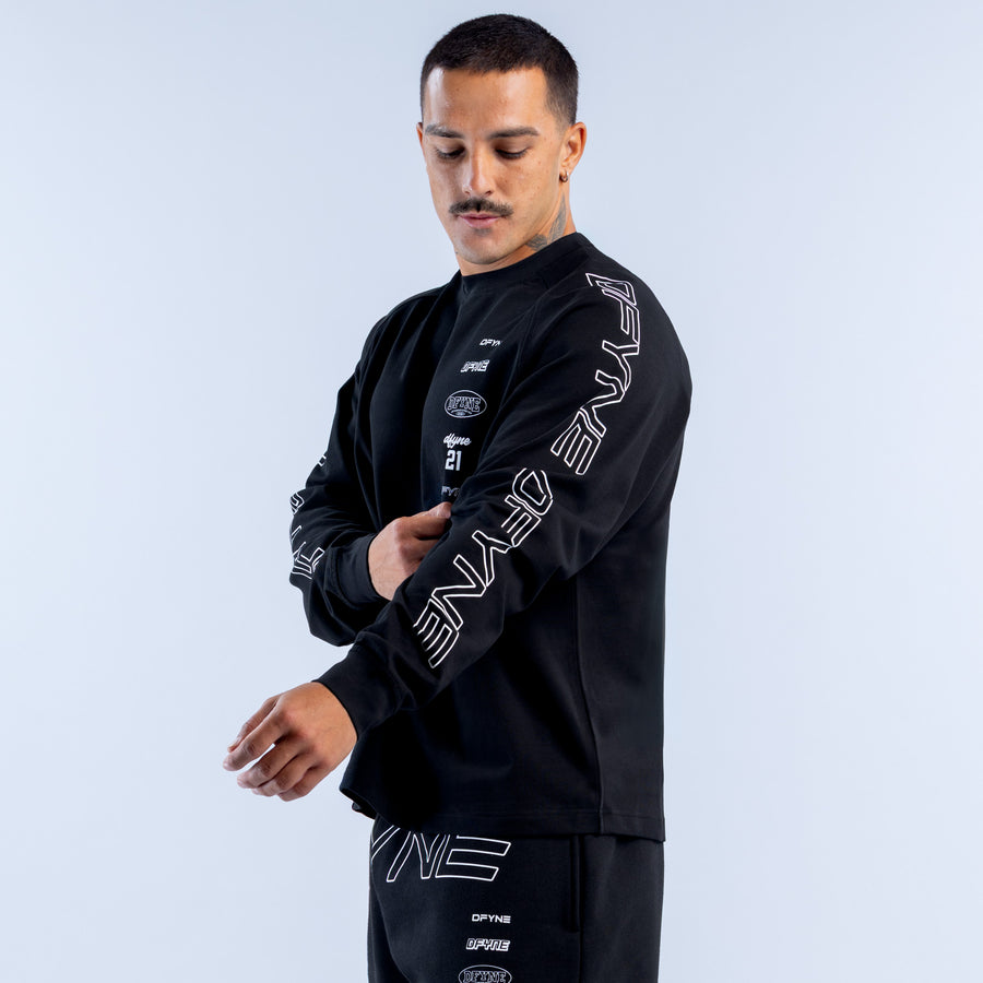 Black long-sleeve crewneck top with white logo prints on sleeves and chest