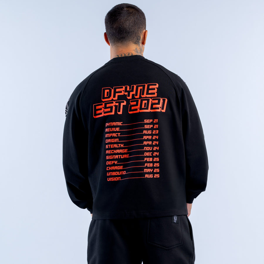 Black long-sleeve crewneck top with red "DFYNE EST 2021" back graphic