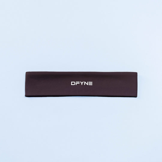 Flat dark burgundy DFYNE headband with centered logo