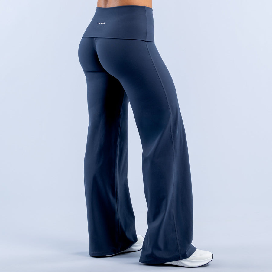 Navy fold-over wide-leg pants, high-rise fit with sleek back drape and wide cuffs