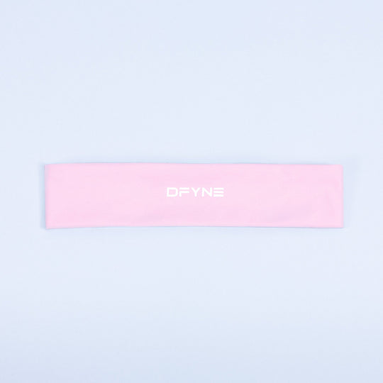 Pink fabric headband with centered DPYNE logo