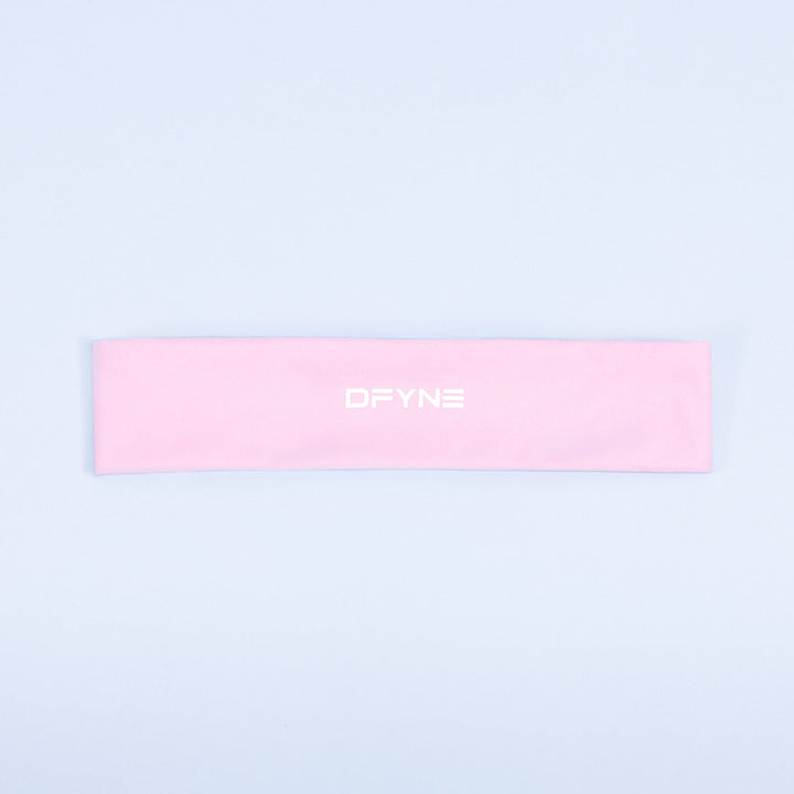 Pink fabric headband with centered DPYNE logo
