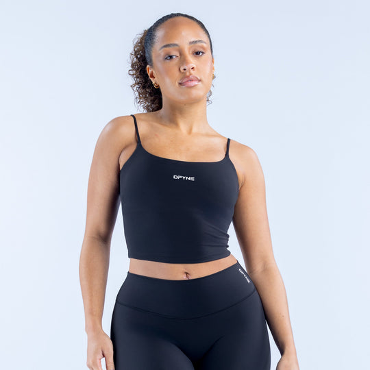 Black strappy sports crop top with square neckline and thin straps
