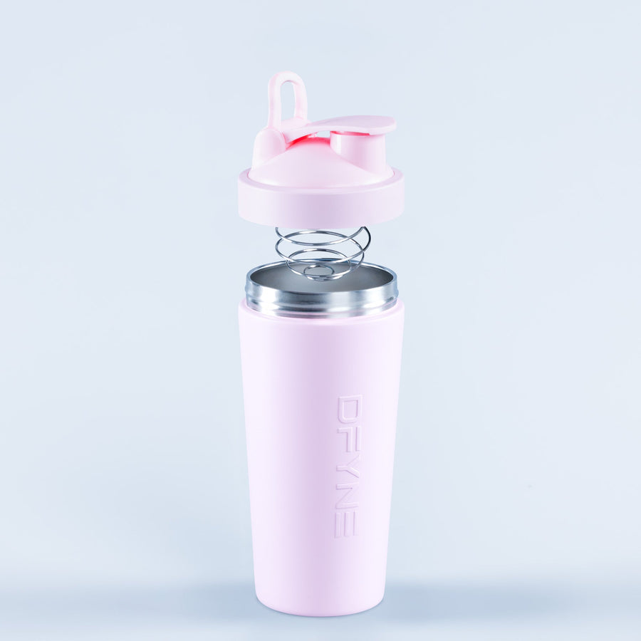 Pink shaker bottle with flip-top lid and carrying loop, stainless steel base