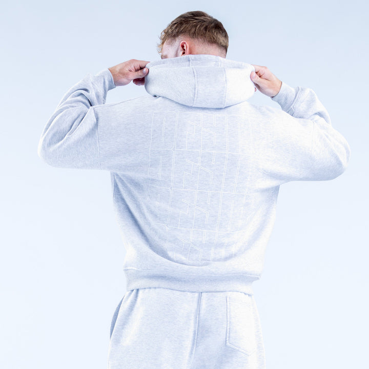 Light blue hoodie with large back square grid graphic, hood and drawstring