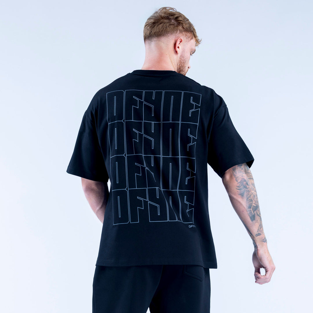 Men's black crew-neck graphic T-shirt with large outlined back graphic