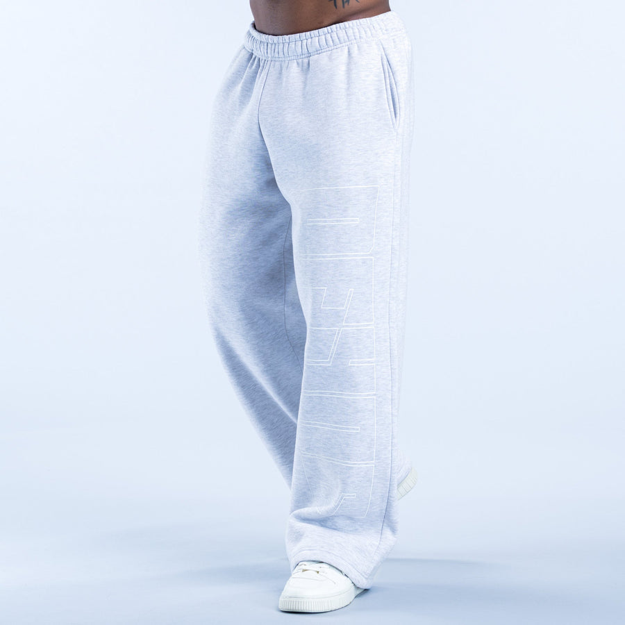 Light gray straight-leg joggers with elastic waistband and side graphic panel