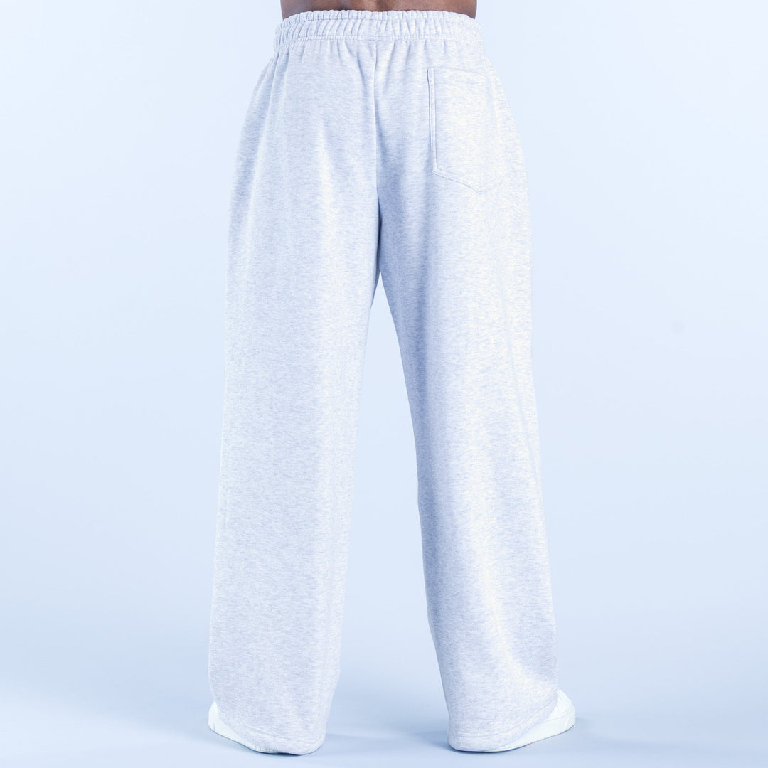 Light gray straight-leg joggers, back view, elastic waistband and roomy straight legs
