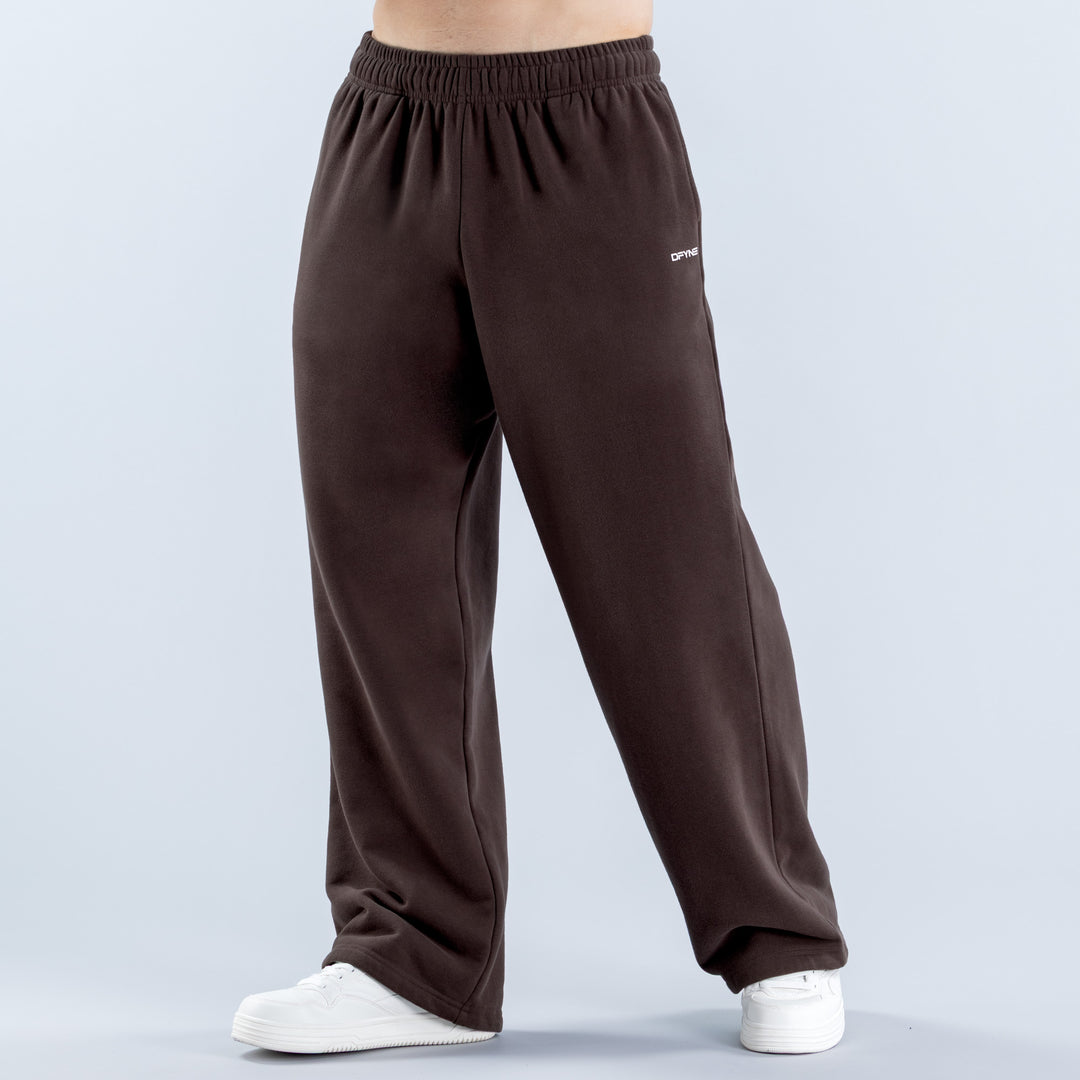 Dark brown straight-leg joggers with an elastic waist and small thigh logo