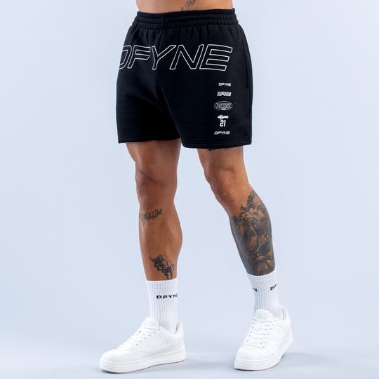 Black DFYNE logo jogger shorts, front view with small emblem on right leg