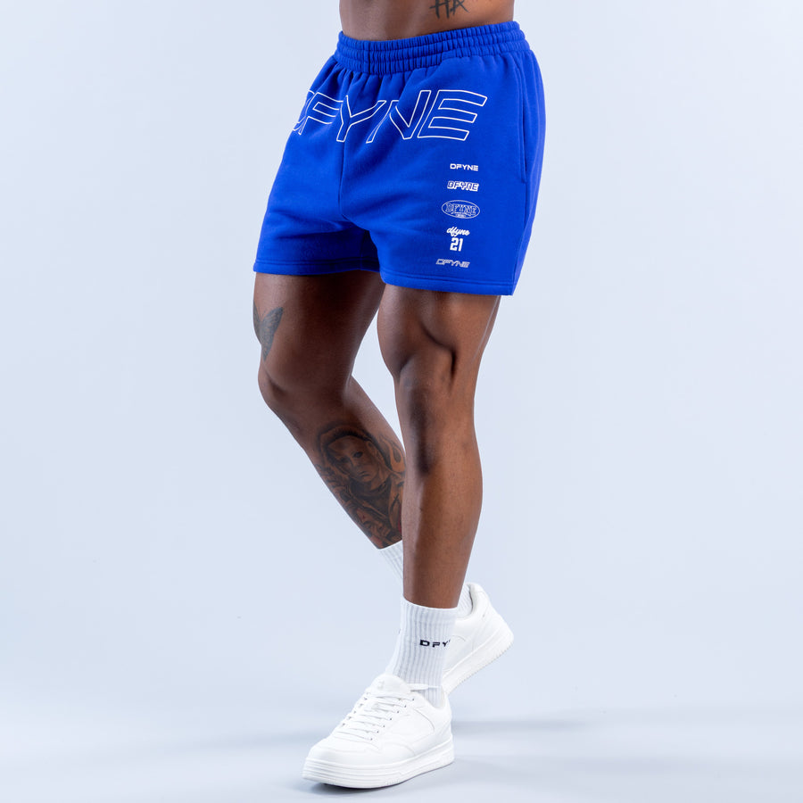 Blue jogger shorts with DFYNE logo and small side logo print