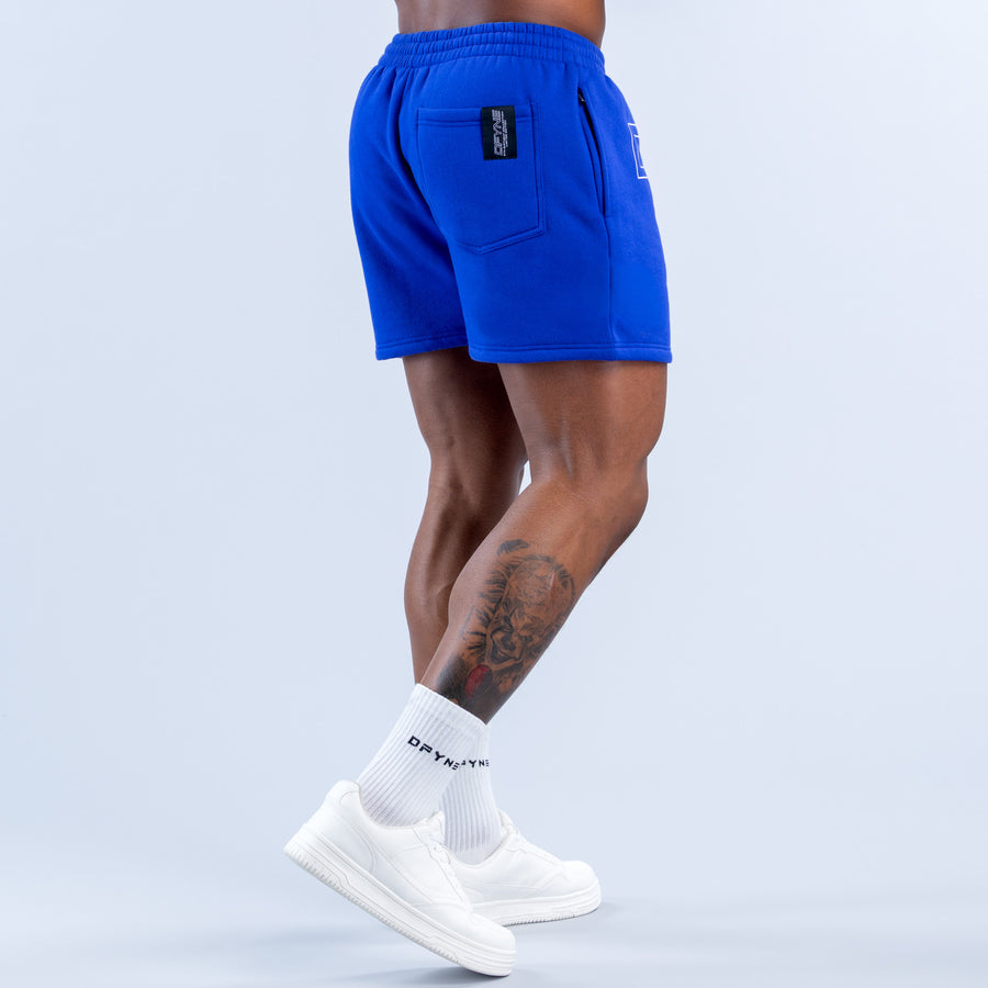 Blue jogger shorts with back pocket detail and small logo patch