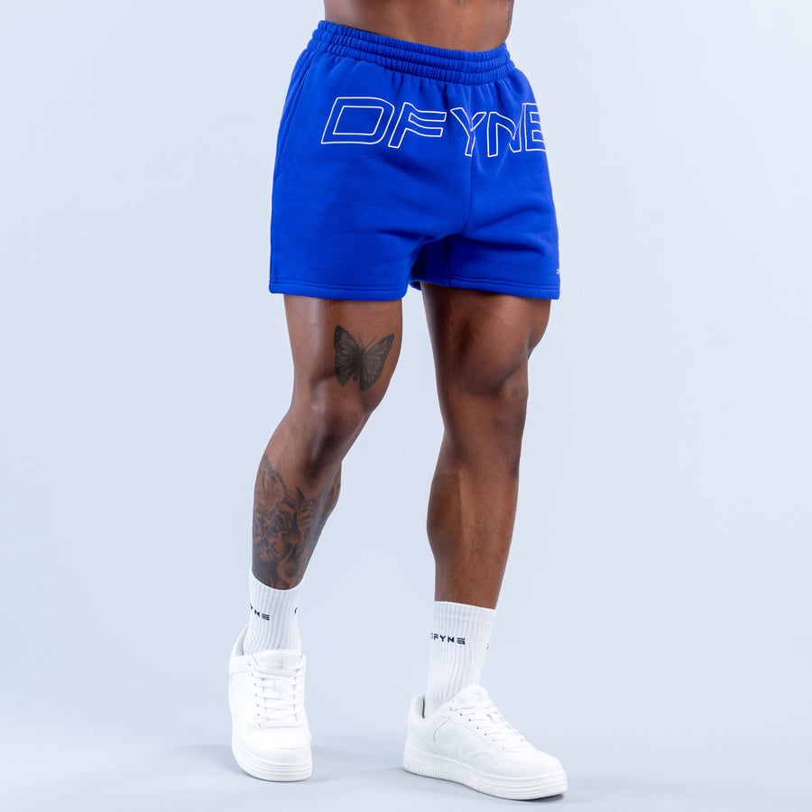 Blue jogger shorts with DFYNE logo on front and elastic waistband