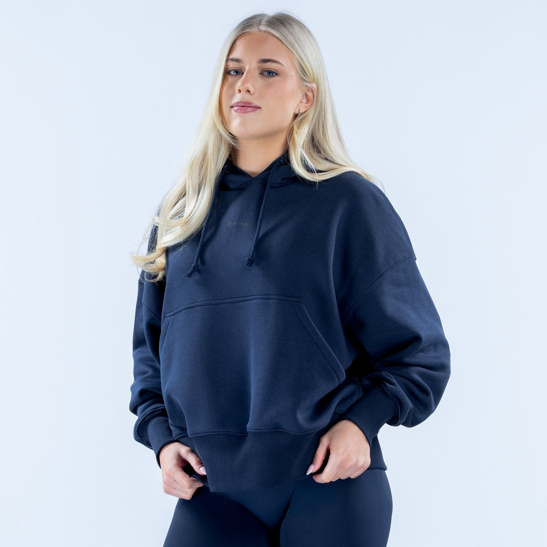 Women's dark navy pullover hoodie with drawstring hood and front kangaroo pocket